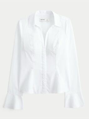 Hollister Women's White Button-Front Long Sleeve Shirt with Flared Cuffs